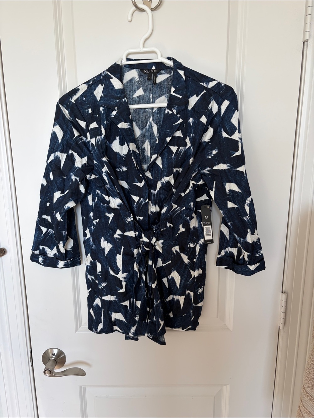NIC+ZOE Navy and White Abstract Tie-Front Tunic